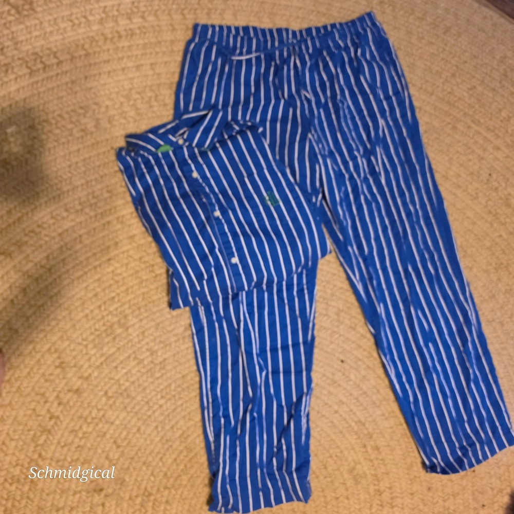 Lauren Ralph Lauren Pajama Set XL Blue White Stripe Button Top Pants Set - Picture 5 of 11